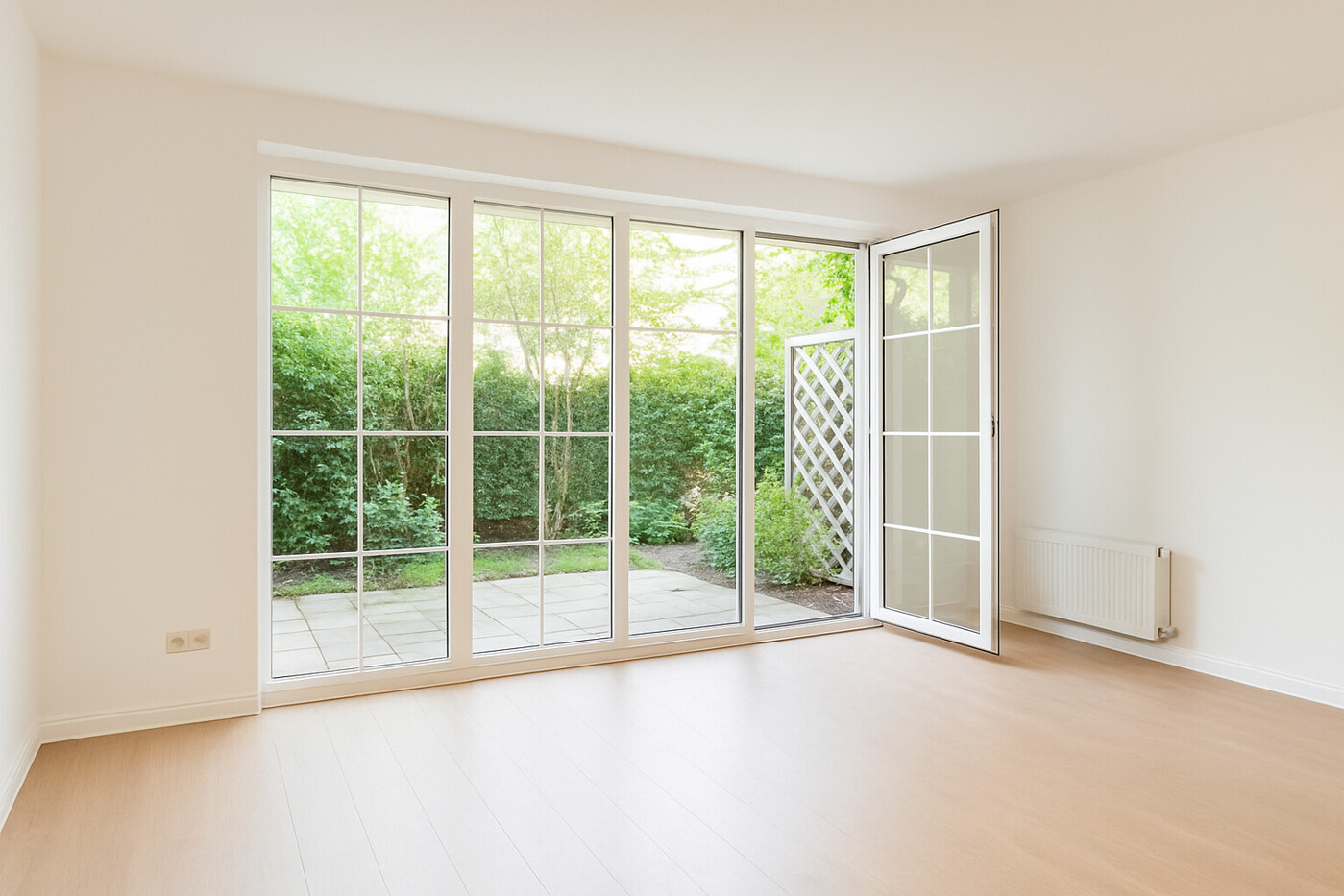 Wohnzimmer mit Zugang zur Terrasse und Garten