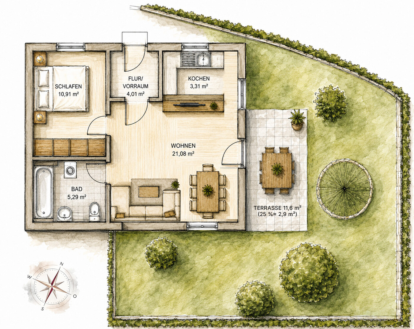 Grundriss, 2-Zimmer-Wohnung, mit Kompass