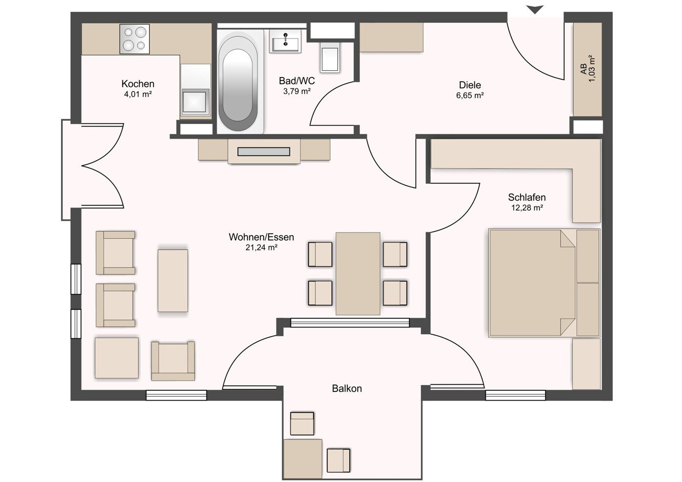 Grundriss, 2-Zimmer-Wohnung, Bad Aibling, gezeichnet