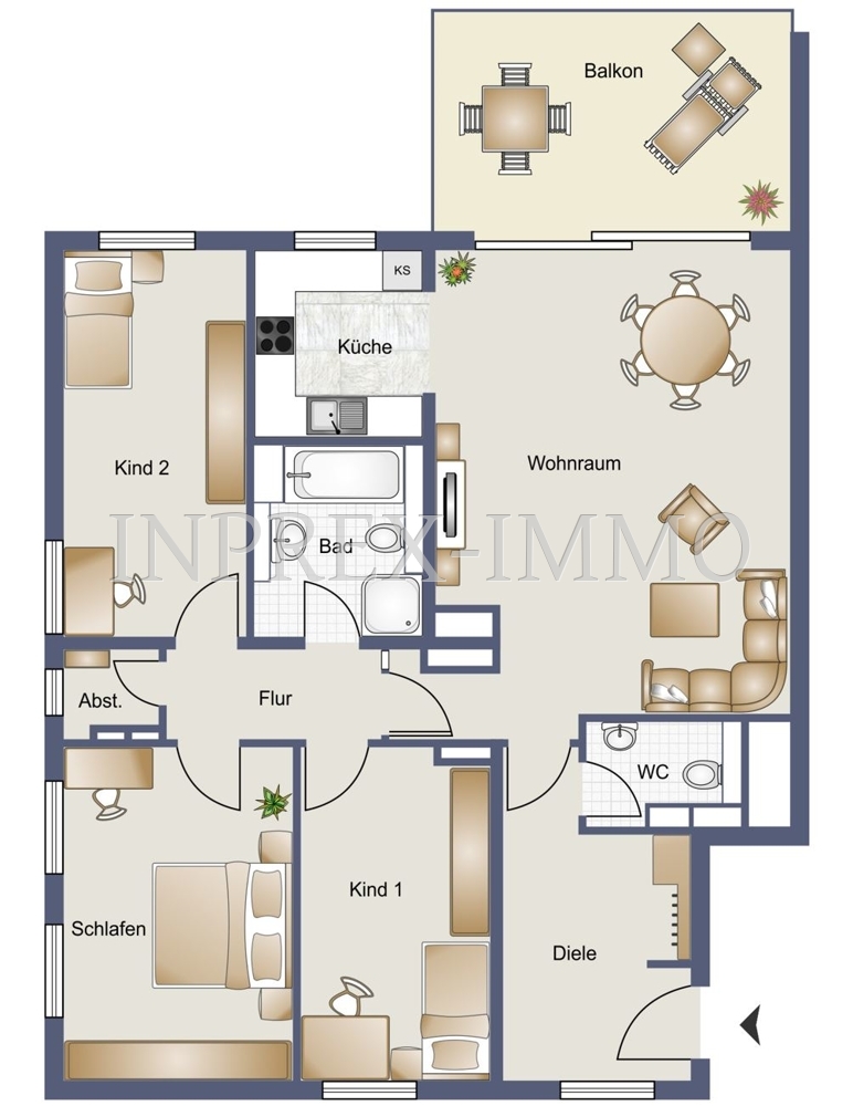 2180 Grundriss 4 Zimmer Wohnung farbig