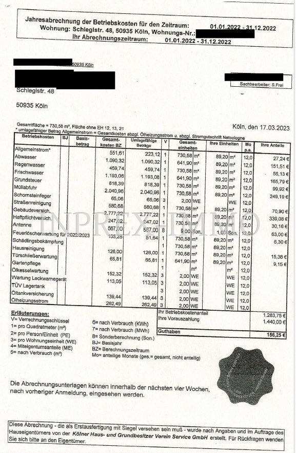 2252 Alte NK Abrechnung Beispiel der Whg