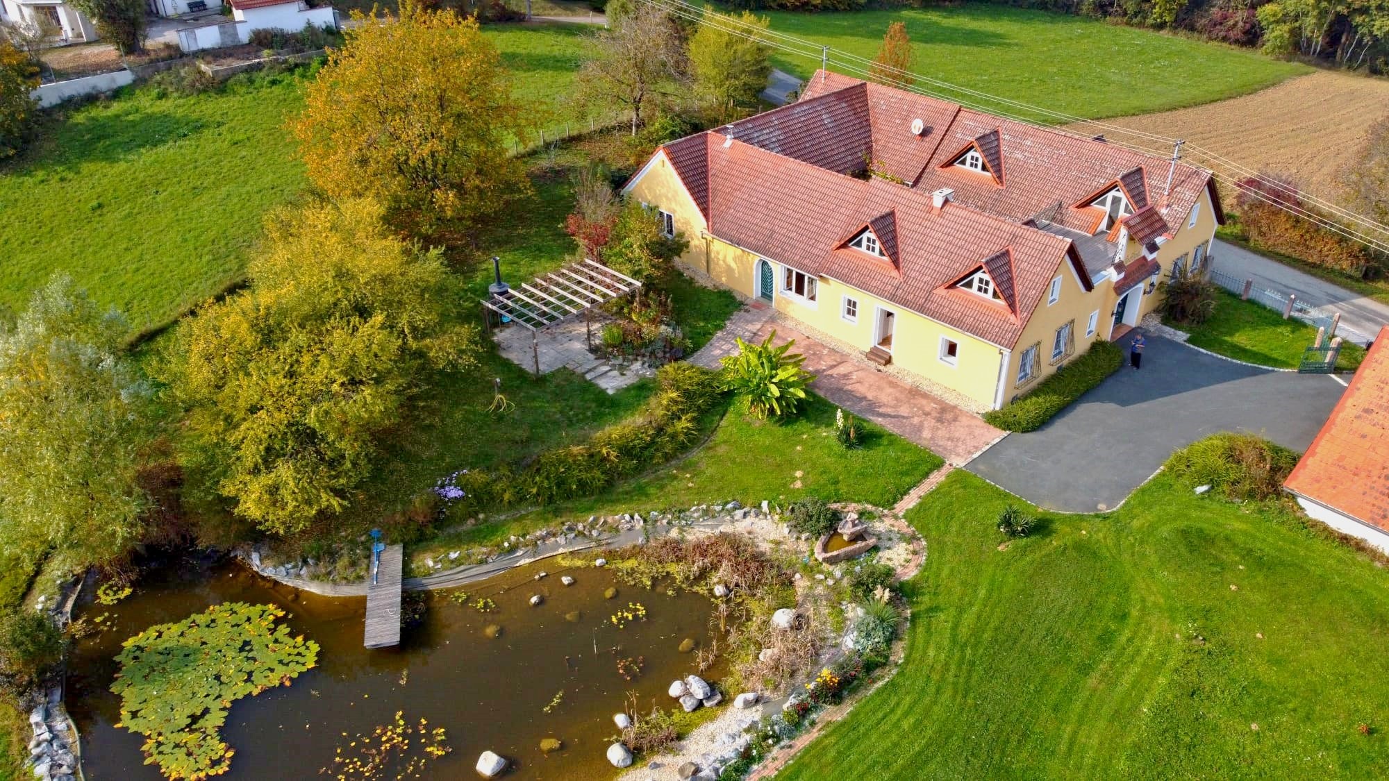 Überblick auf Haus und Schwimmteich