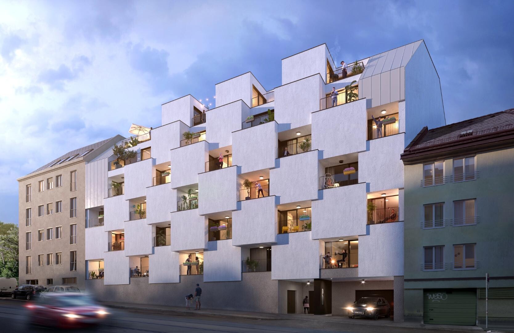 Straßenfassade bei Nacht