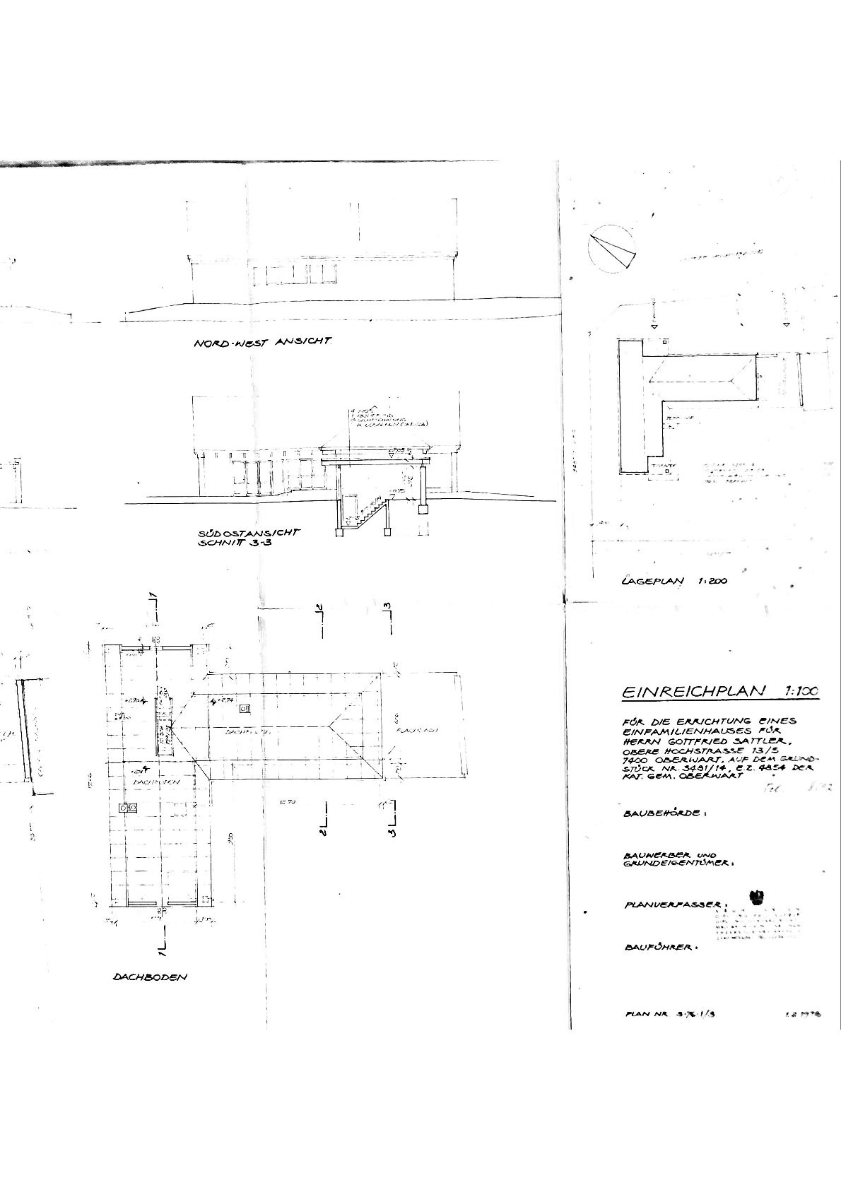 Einreichplan 1978 Nordwestansicht - Südostansicht - Dachboden