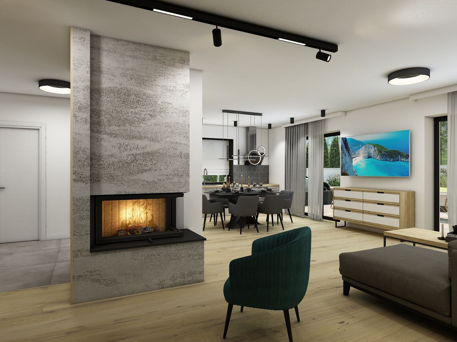 Blick von Treppenaufgang auf Kamin