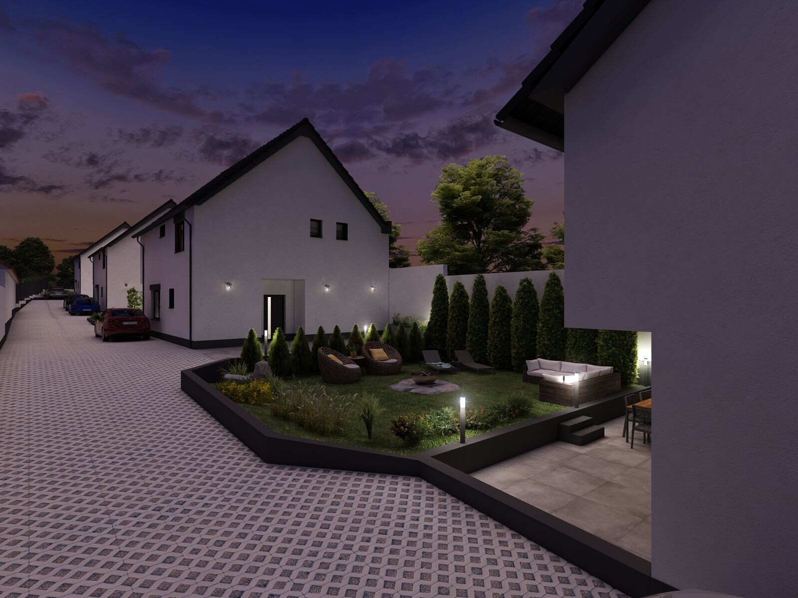 Gartenansicht Haus 1 Dämmerung