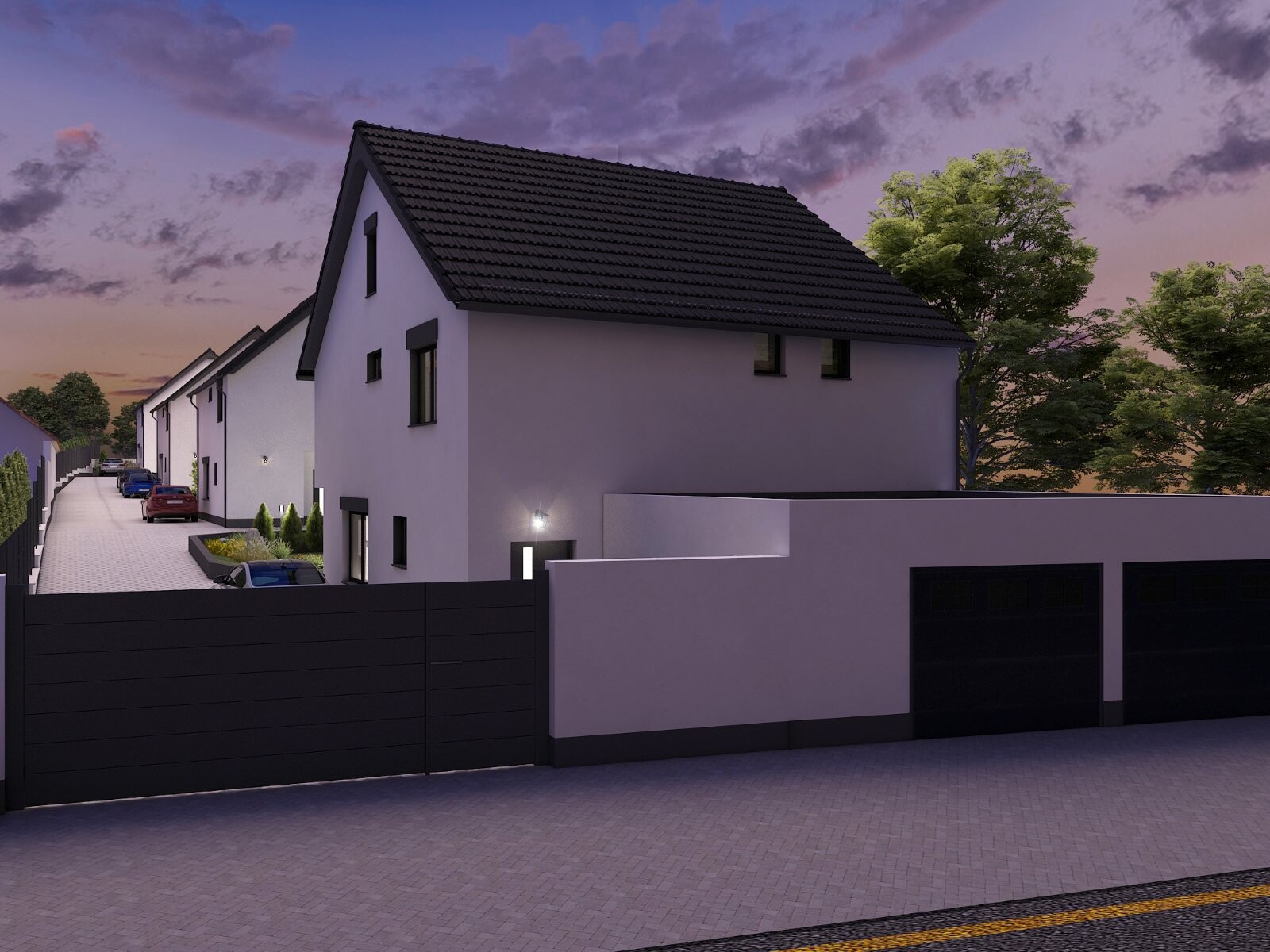 Straßenansicht Haus 1 Dämmerung