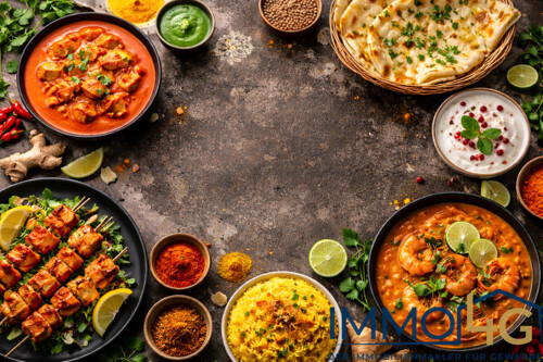 Indische Gerichte auf dunklem Stein