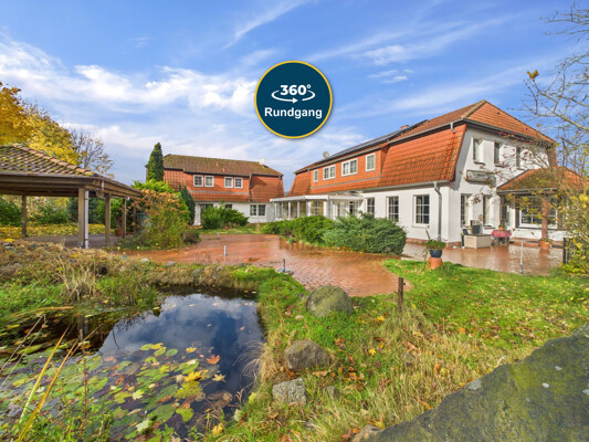 Hausansicht Front mit Terrasse und Teich