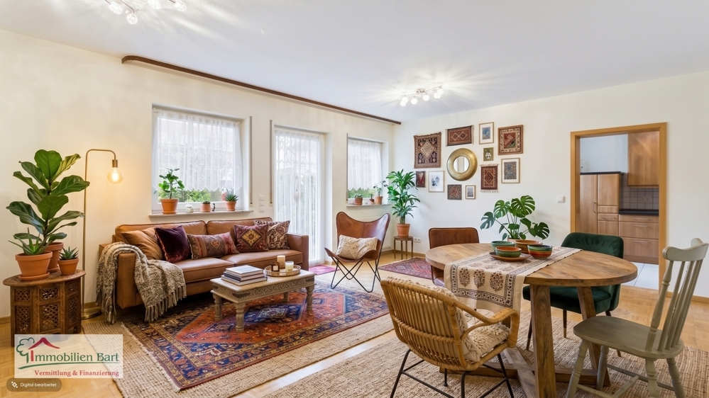 Wohnzimmer mit Zugang zur Küche - mit KI eingerichtet