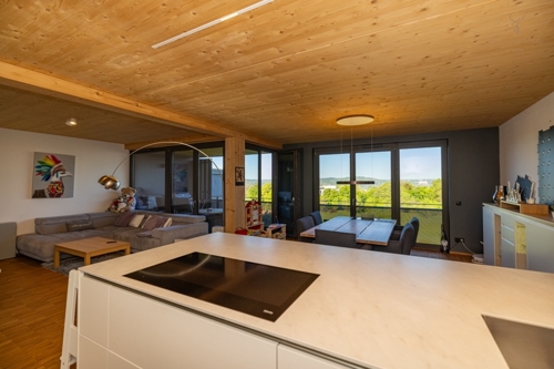 Küche, Wohnzimmer, Esszimmer mit Blick auf Festung