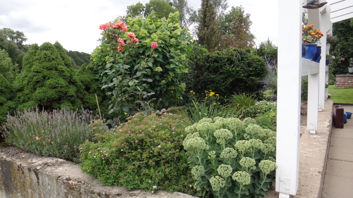 A Ostseite des Gästehauses Blumenbeet