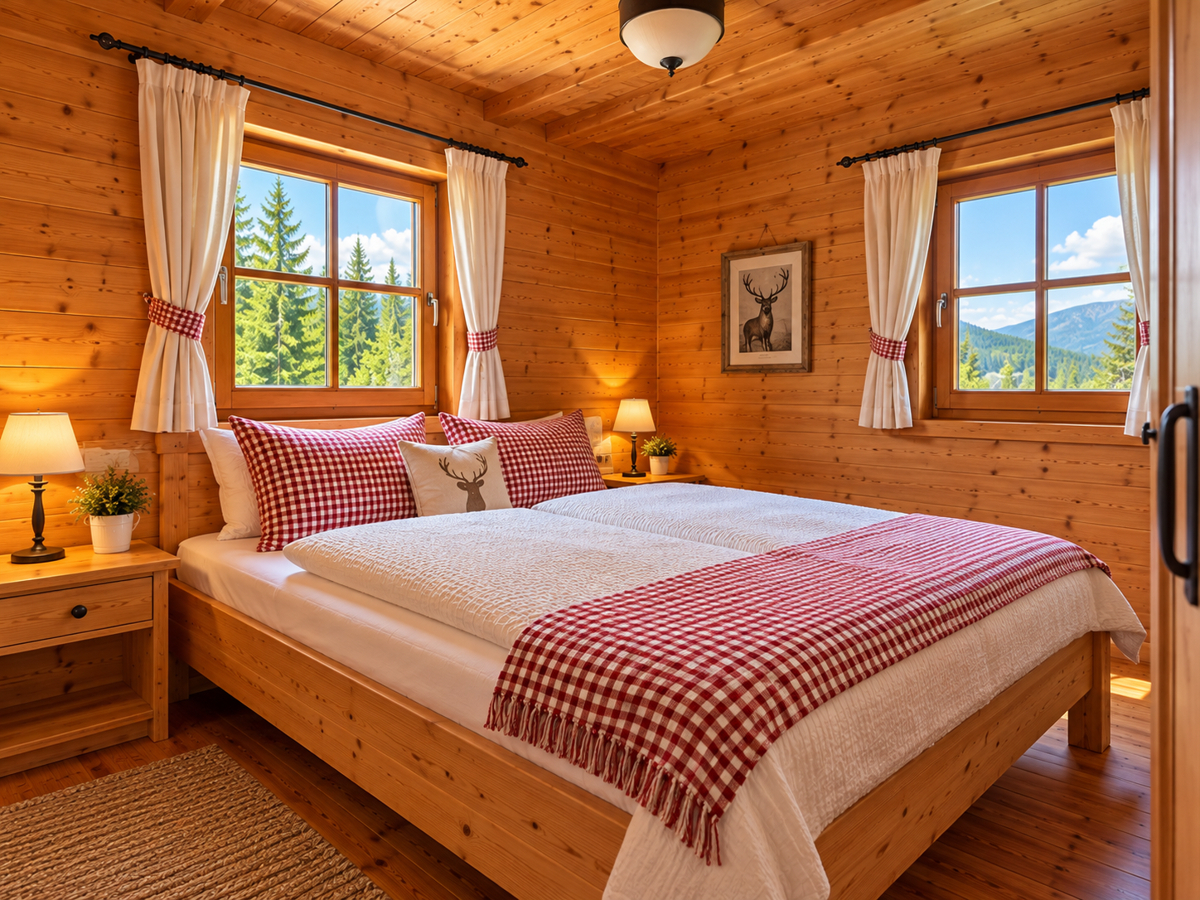 Gemütliches alpines Schlafzimmer mit rotem Karomuster