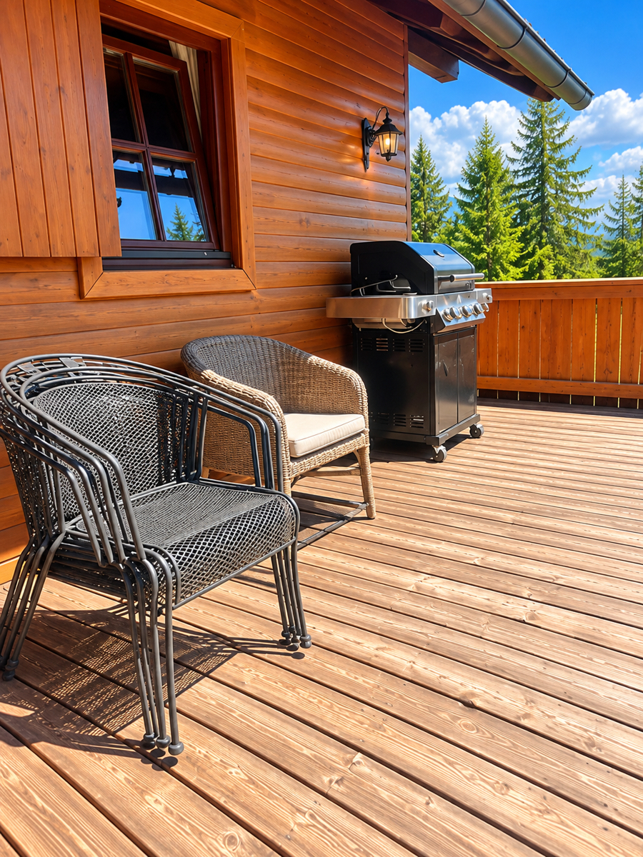 Sonnige rustikale Holzterrasse mit Grill