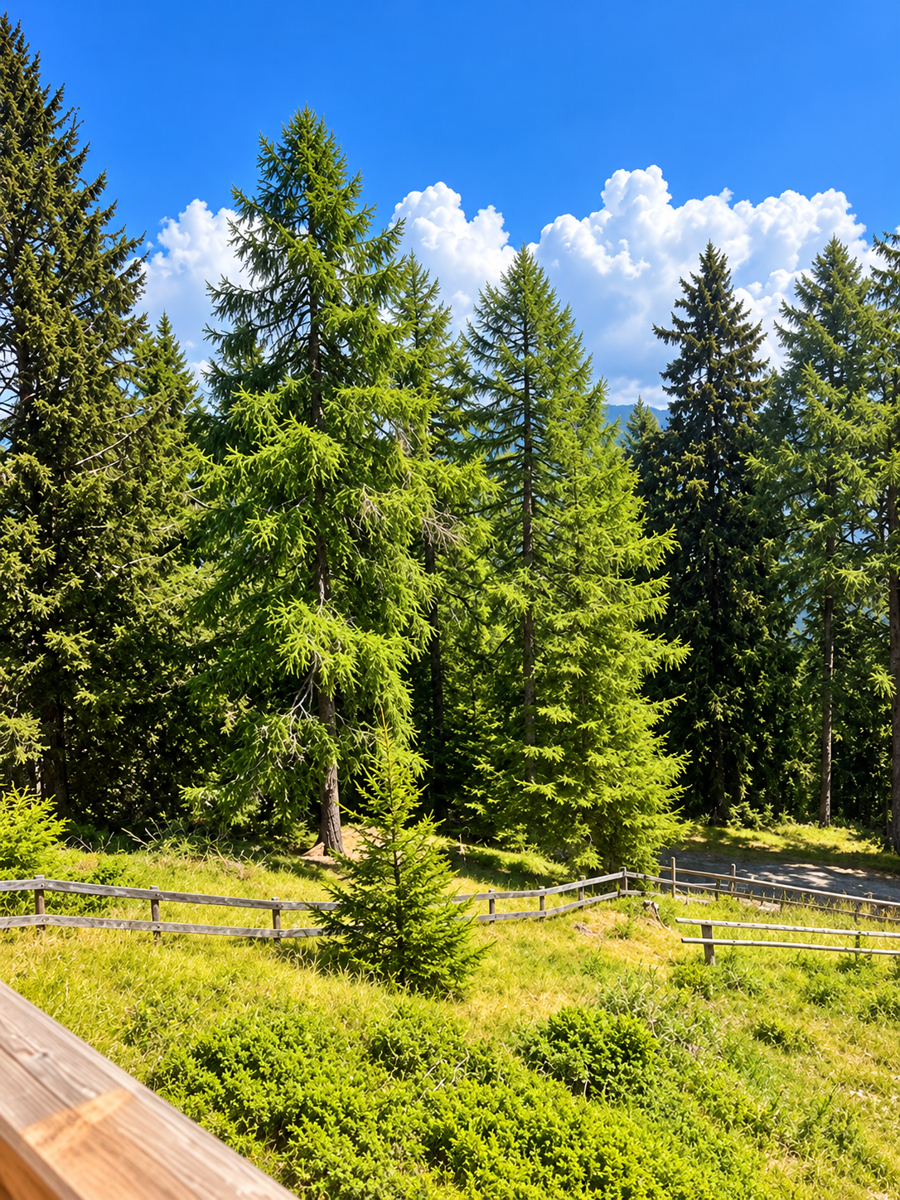 Sommerlicher Wald mit Holzzaun und Wiese