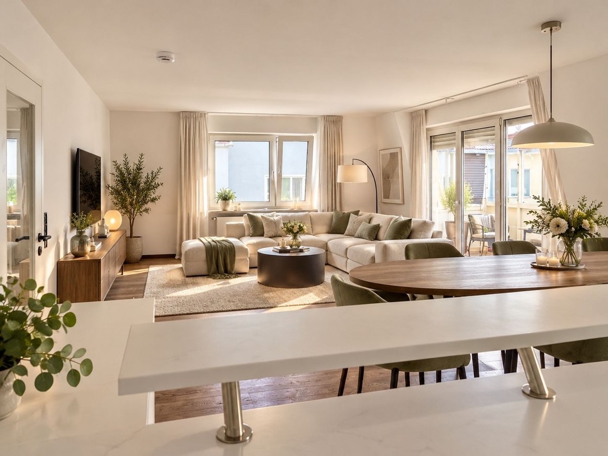 Helles skandinavisches Wohnzimmer mit Essbereich (1)