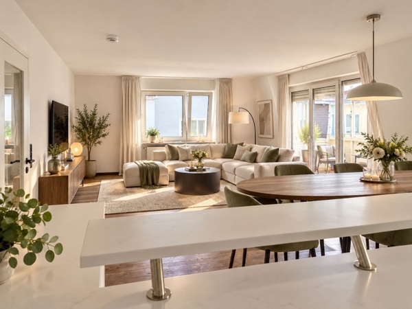 Helles skandinavisches Wohnzimmer mit Essbereich (1)