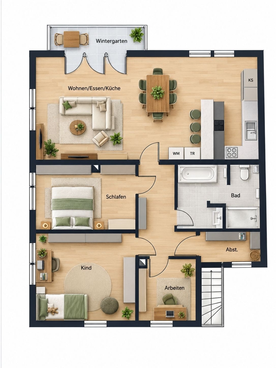 Modernes Wohnhaus-Grundriss mit Möbeln