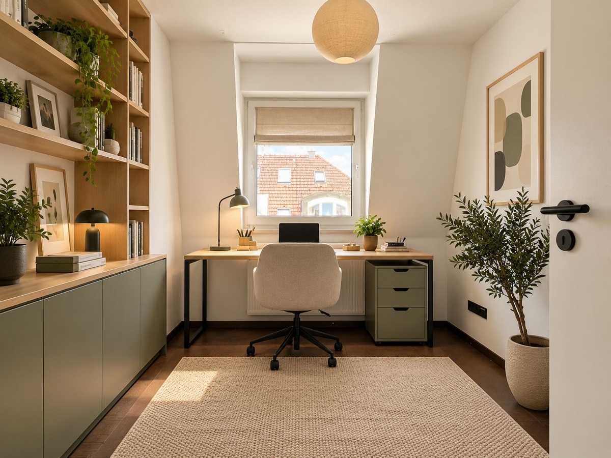 Skandinavisches Homeoffice mit warmen Grüntönen