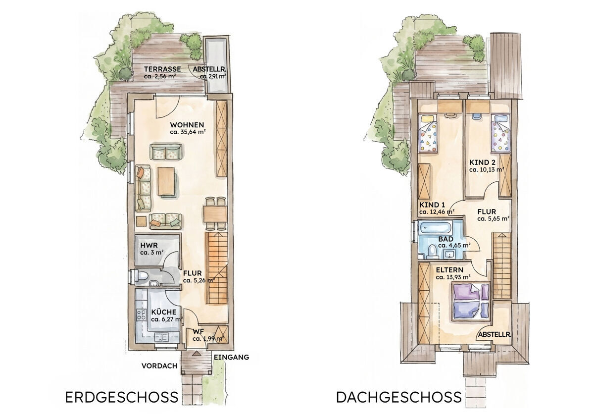 Grundriss Erd- und Dachgeschoss