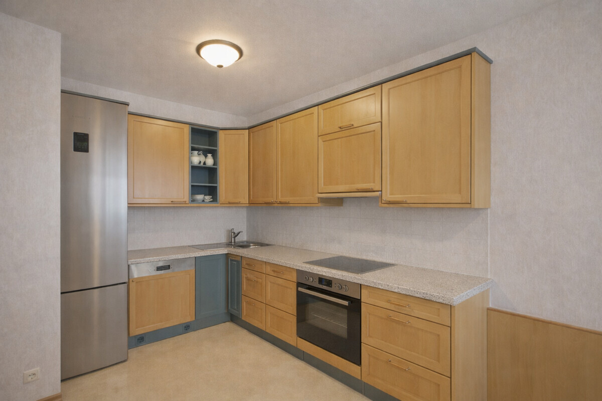 Modern L-shaped kitchen in daylight