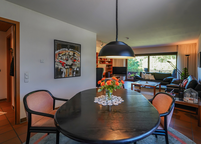 Blick über den Esstisch ins Wohnzimmer