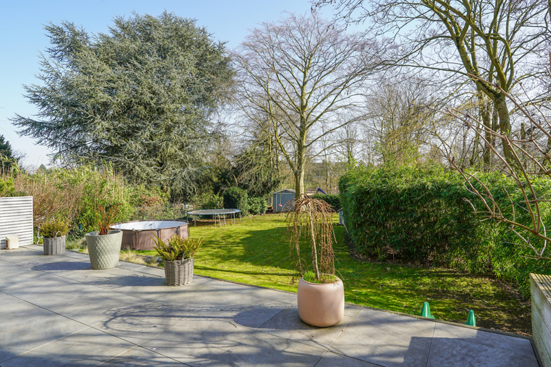 Blick von der erhöhten Terrasse über den Garten
