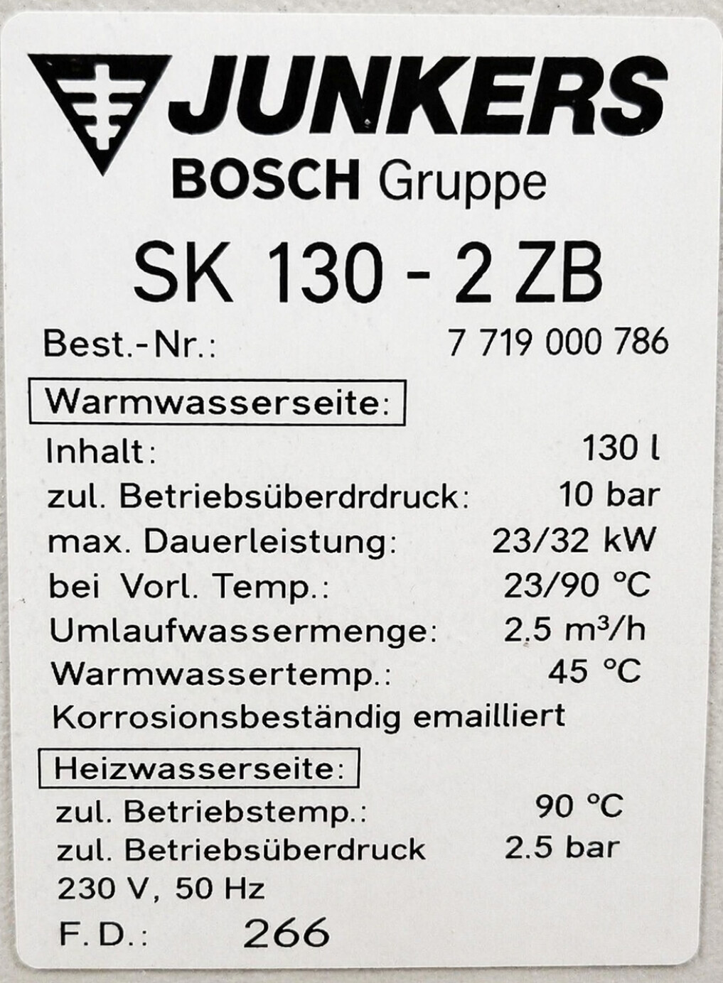 Warmwasseraufbereitung Typenschild