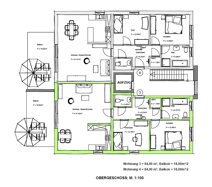 Grundriss Haus 2 Whg Nr. 3 und Whg Nr. 4