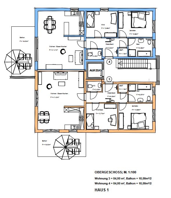 Grundriss Haus 1 Whg. 3 + Whg 4