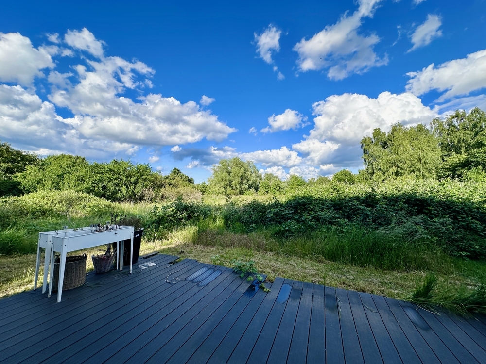 Ausblick von der Terrasse auf die Streuobstwiese
