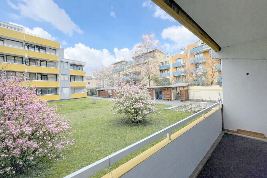 Ausblick vom Balkon in den garten grünen Innenhof