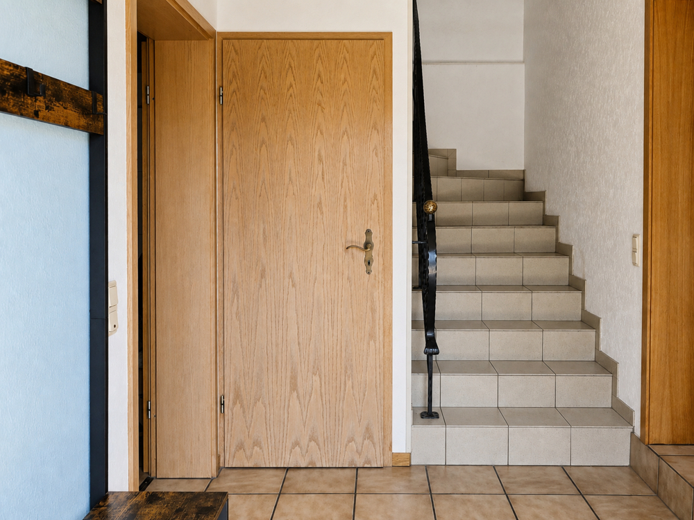 Einladender Eingangsbereich mit zentralem Treppenaufgang