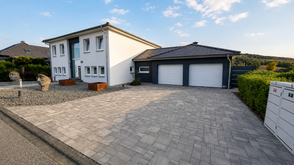 Modernes Wohnhaus mit großzügiger Doppelgarage und weitläufiger Zufahrt