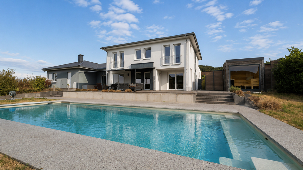 Exklusiver Poolbereich mit Sonnenterrasse und privater Gartensauna