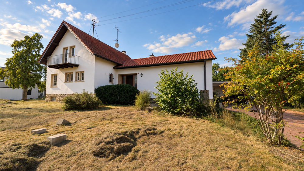 Frontansicht mit weitläufigem Gartenbereich