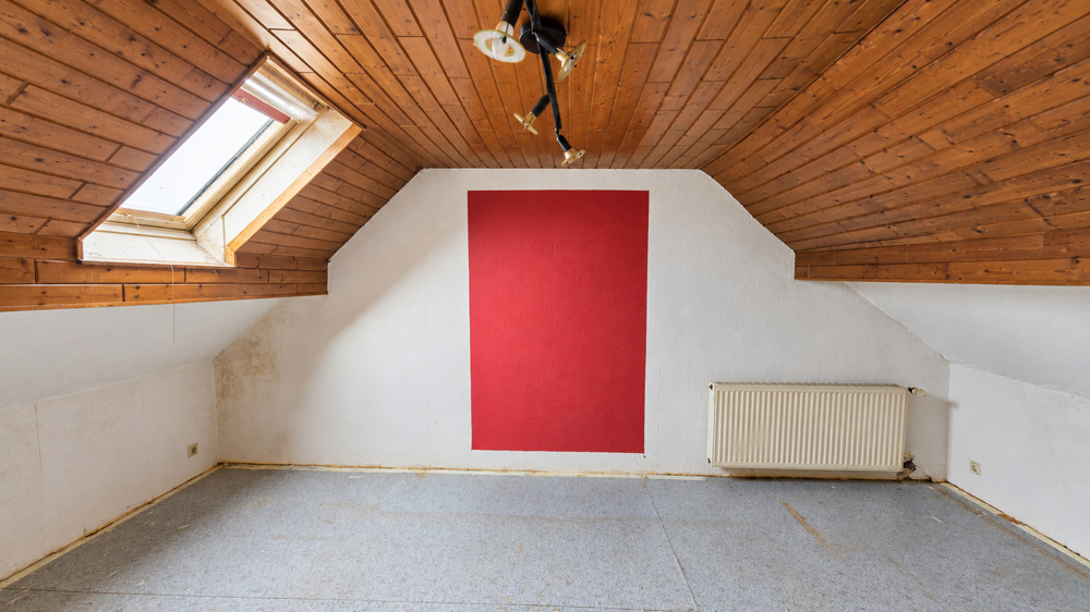 Zimmer unter dem Dach mit Holzverkleidung und Dachfenster