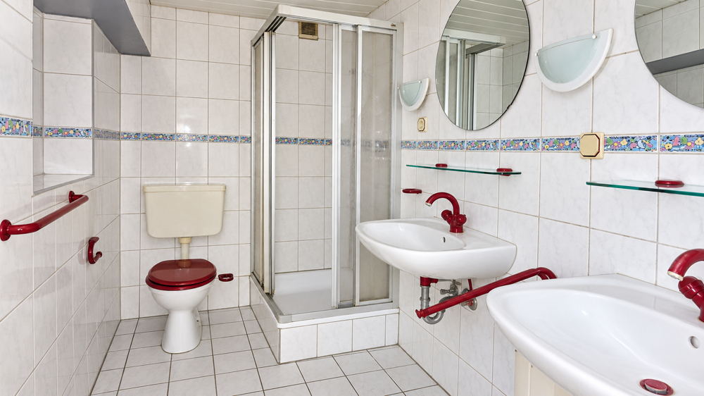 Badezimmer mit Dusche und zwei Waschbecken