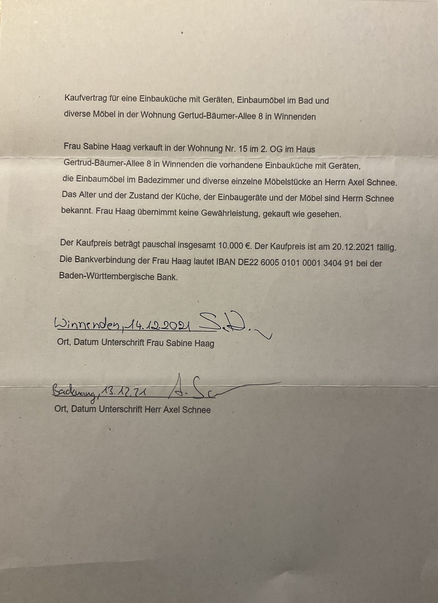 Unterschriebener Kaufvertrag für die Möbel Haag_Schnee