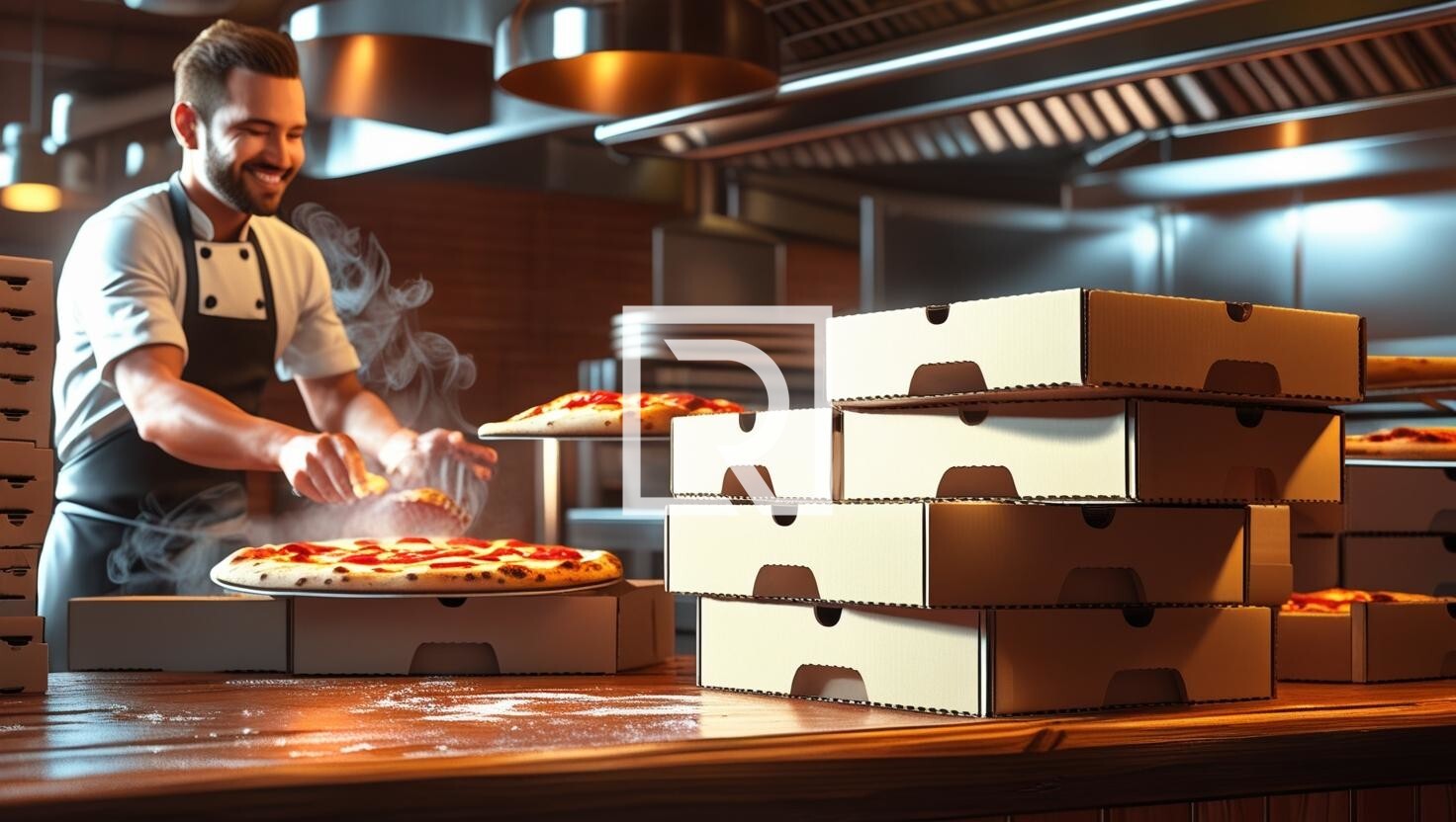A vibrant, bustling take-away pizzeria scene, showcasing steaming pizza boxes piled high on a counter, with a friendly pizza chef in the background tossing pizza dough.  Warm lighting, emphasizing the golden crust