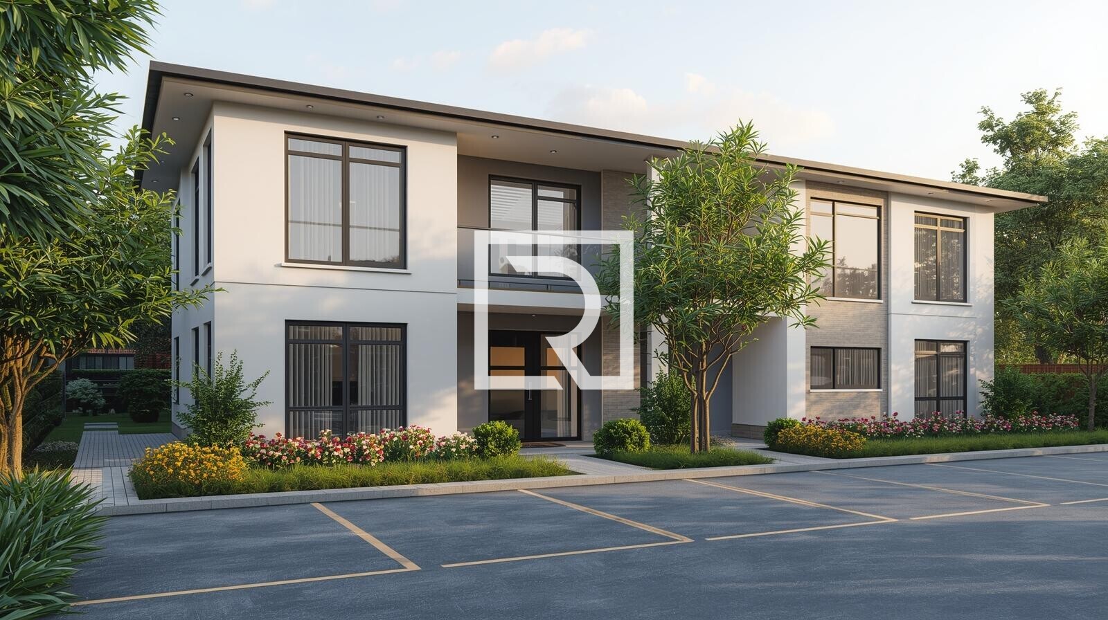 Crea un'immagine 3d di un piccolo condominio con giardino e posti auto