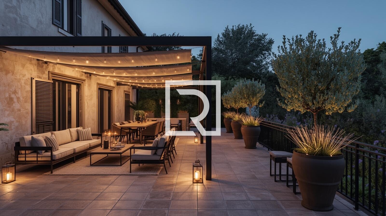 Photorealistic real estate home staging of an existing long terrace (14m x 4m) attached to a historic Italian house. Keep the building facade and terrace tiles exactly the same. Add elegant outdoor lounge staging.