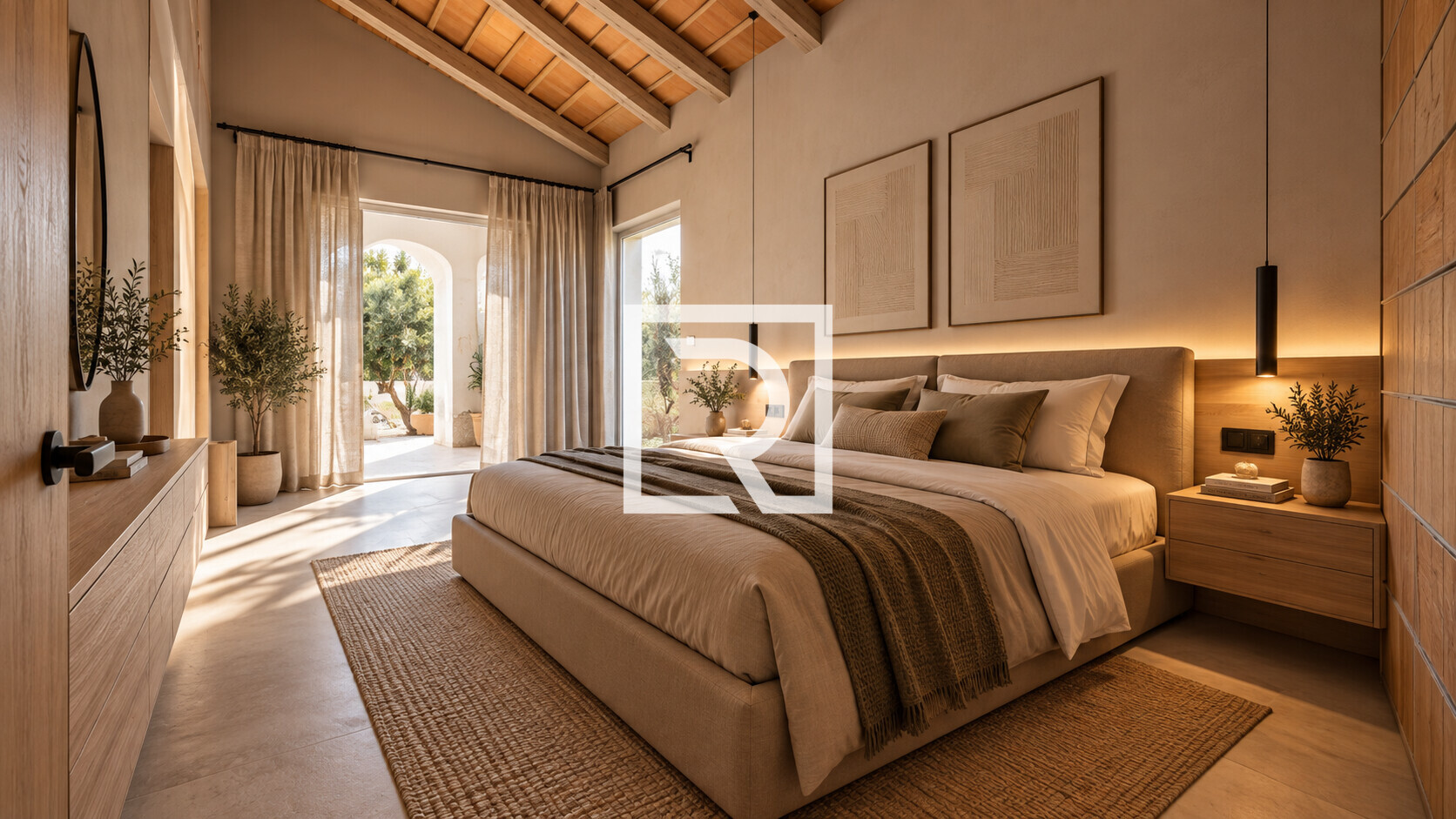 Camera da letto mediterranea in legno e lino