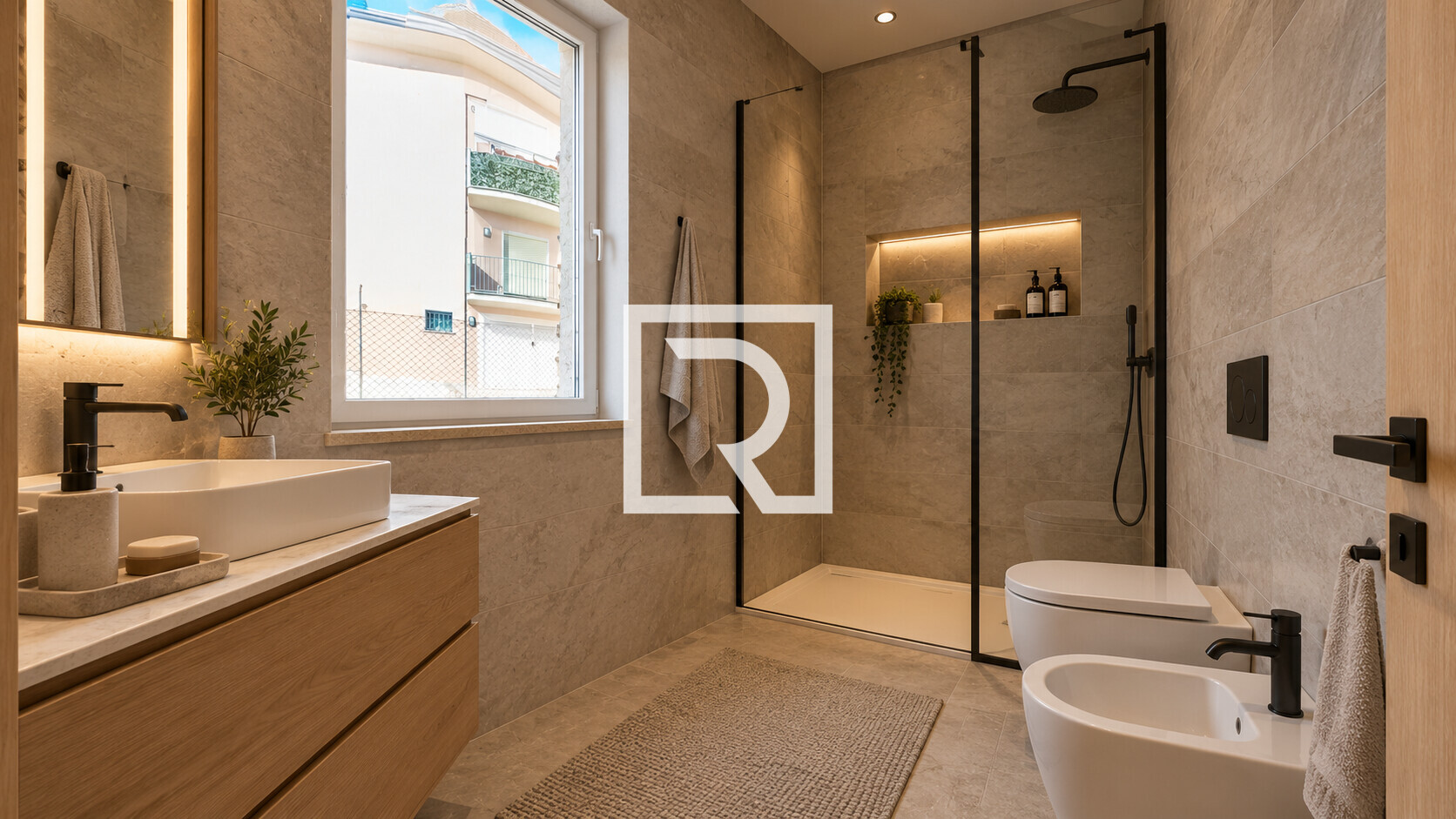 Bagno moderno beige con doccia illuminata