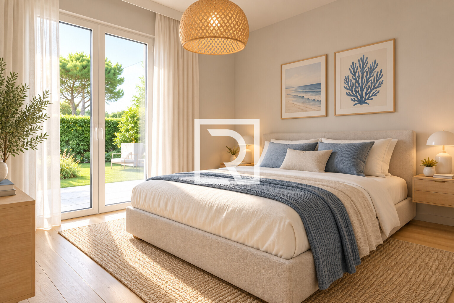 Camera da letto scandinava con vista sul giardino