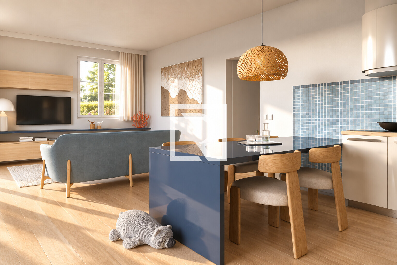 Interno moderno scandinavo illuminato dal sole