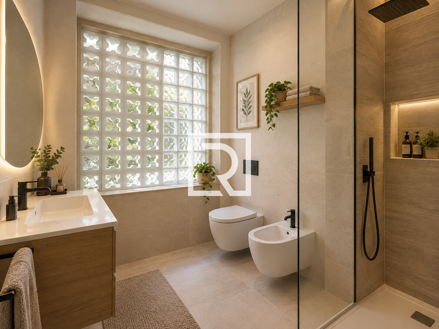 Bagno moderno con vetromattoni e legno