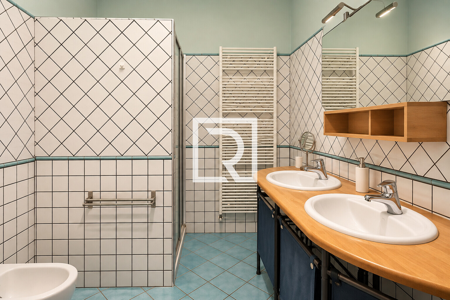 Modern Teal and Wood Bathroom Interior