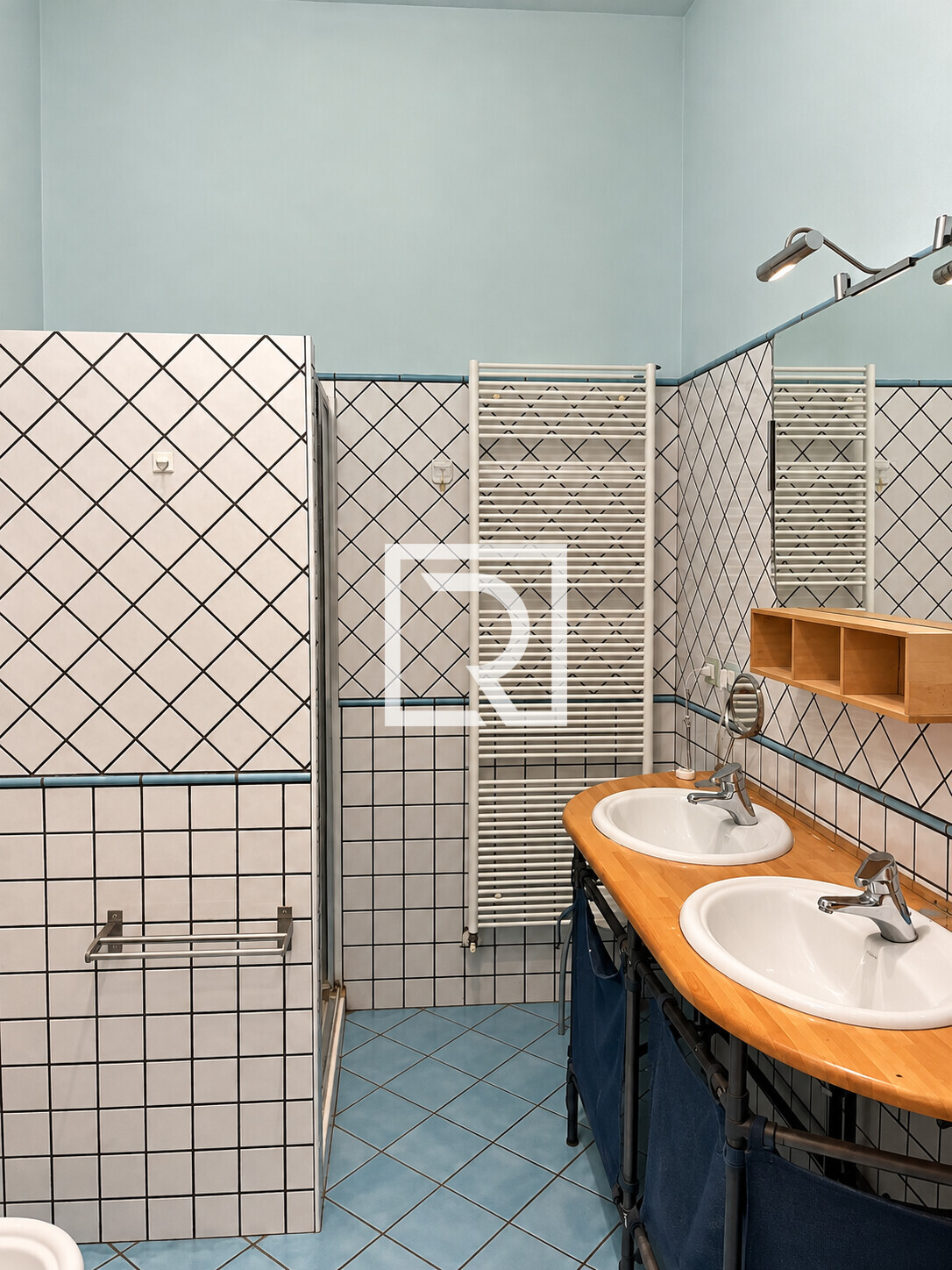 Clean Blue-Tiled Bathroom Interior