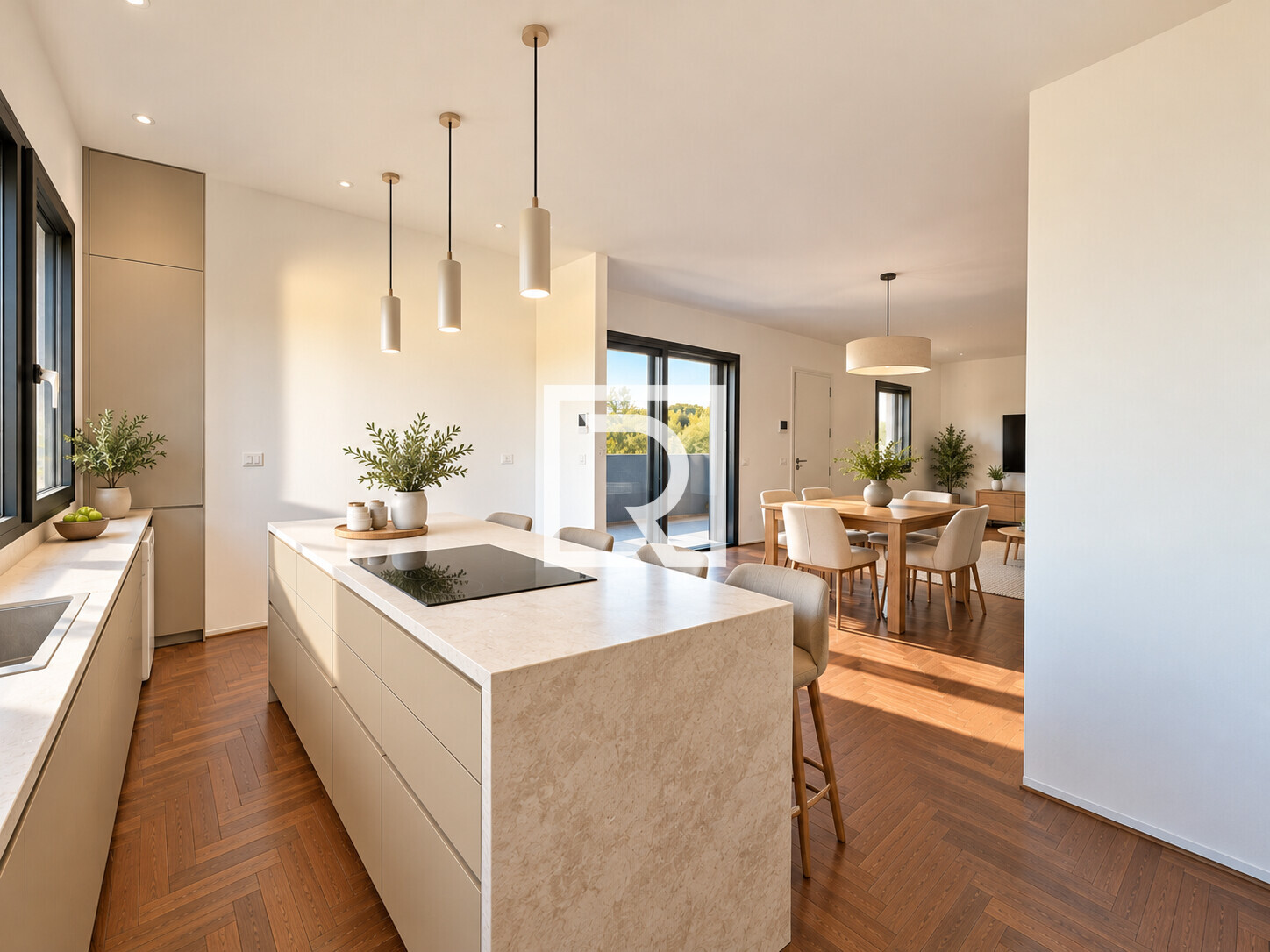 Cucina moderna con vista sul soggiorno